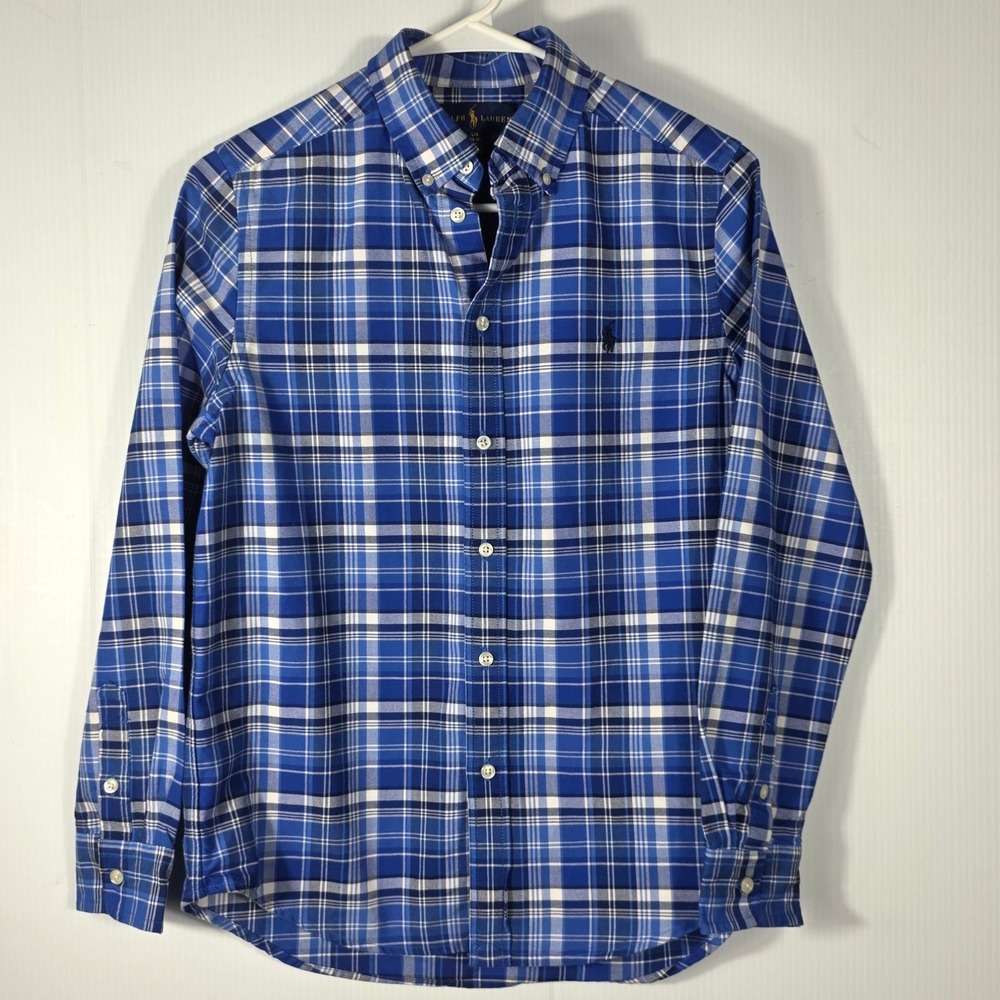 Ralph Lauren Boys Blue White Plaid Long Sleeve Button Down Shirt Size L 14-16